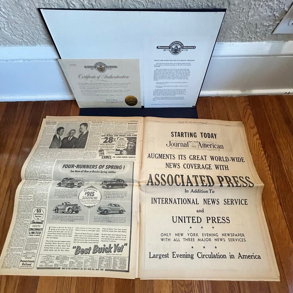 Vintage March 10, 1941 New York Times Newspaper WWII Era Collectible Certificate